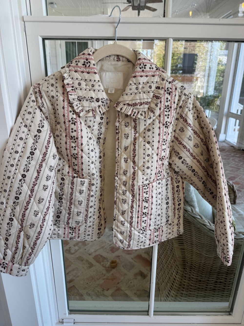 Zara Girls Quilted Stripe Jacket with Ruffle Collar - Cream & Pink
